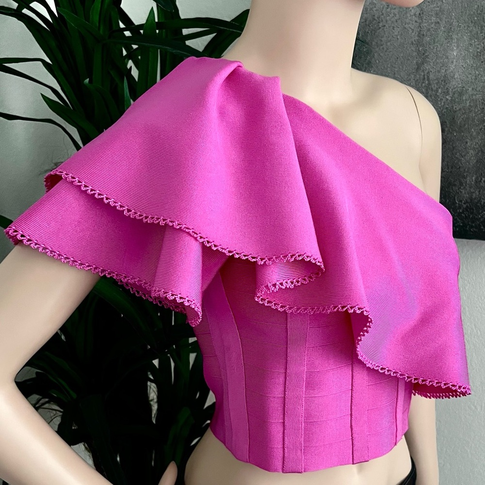 Marciano Pink Ruffle One Sleeve Party Crop